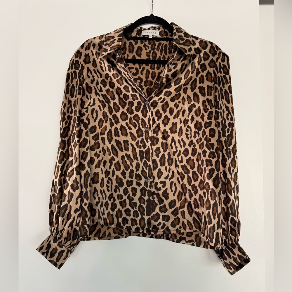 CELINE Paris 100% Silk Satin Blouse Leopard Print Brown Black Sz 42 Medium New